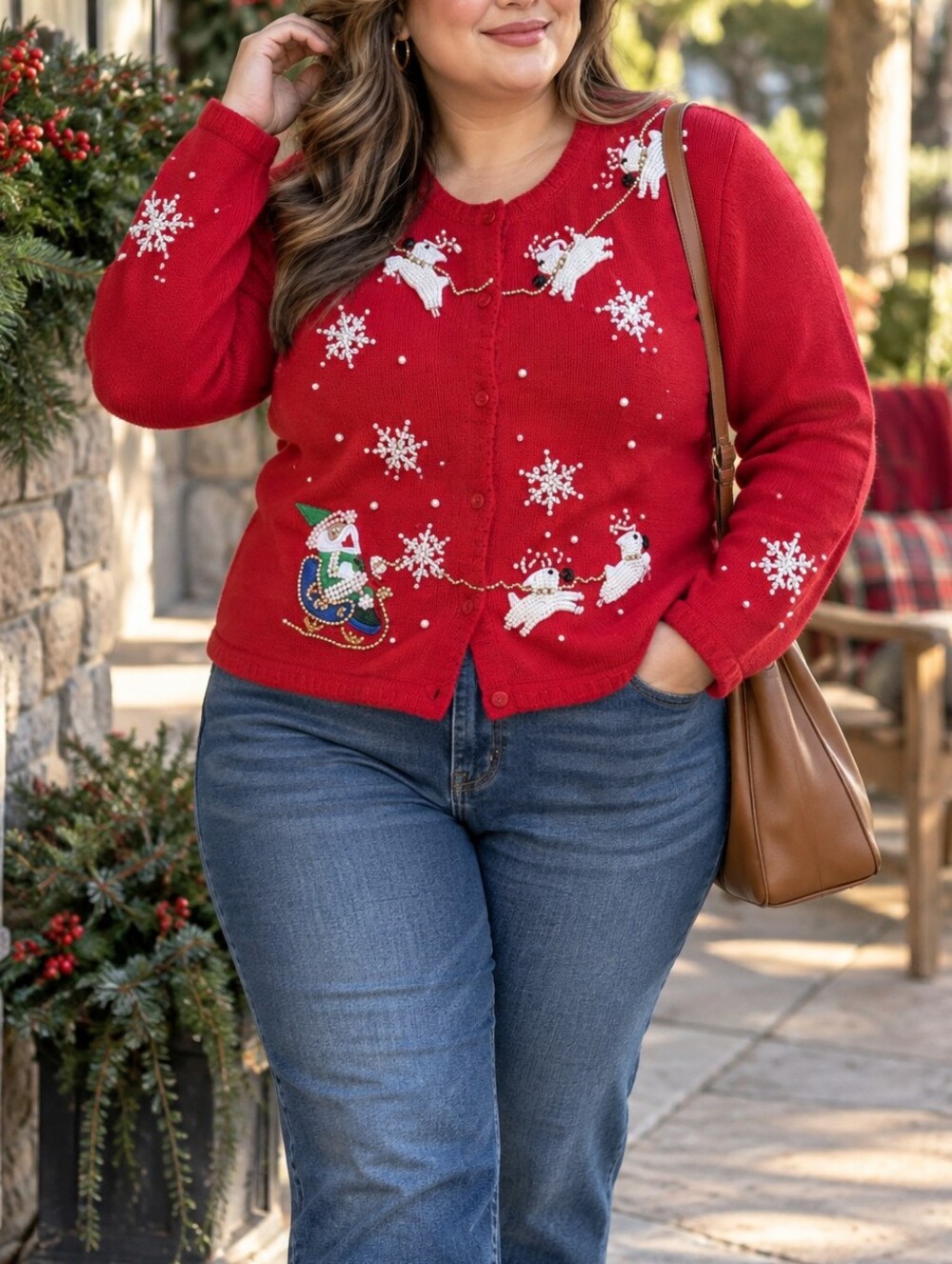 Tabi Red Embellished Christmas Cardigan 100% Cotton Holiday Sweater